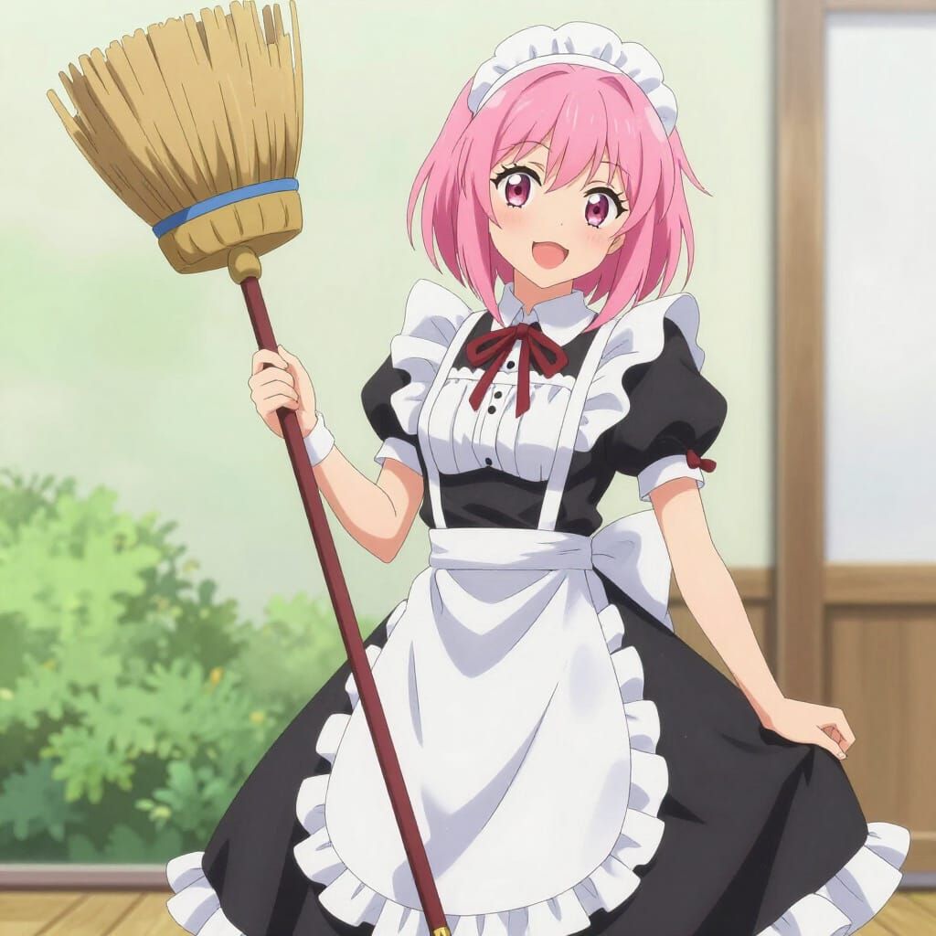 Anime Maid with Pink Hair Holds Broom Smiling