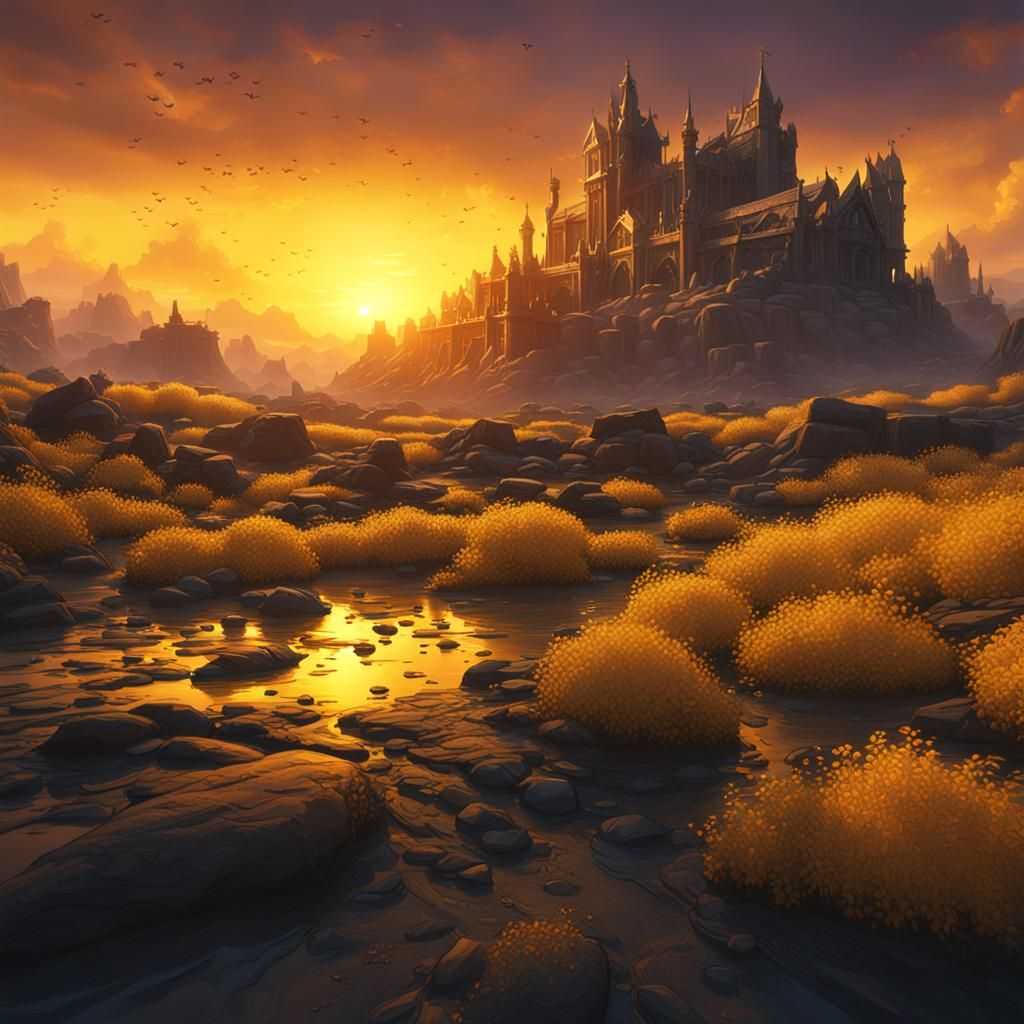 Fantastical Sunset Over Castle: Matte Painting