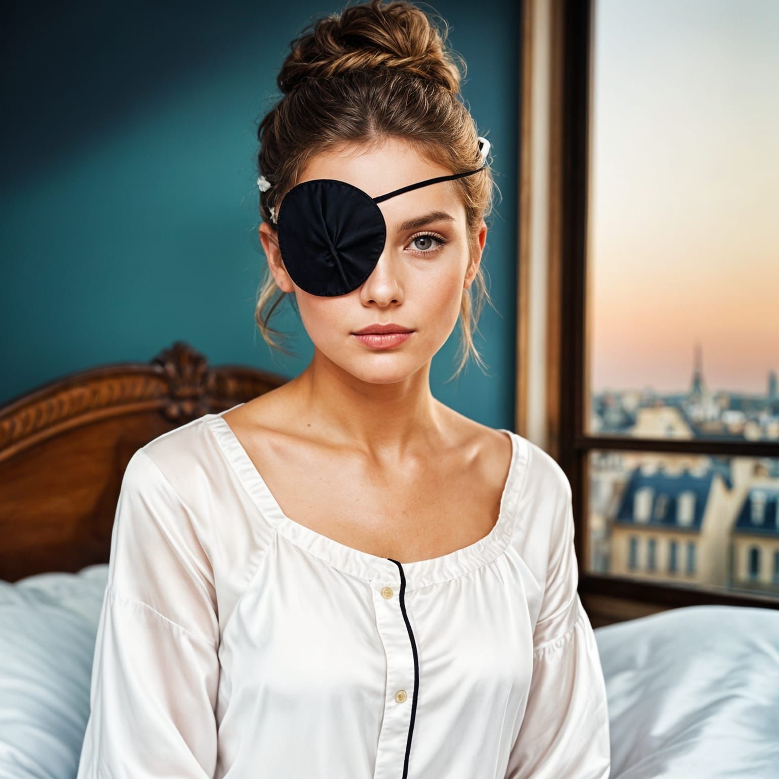 French Woman in Silk Pajamas with Eyepatch