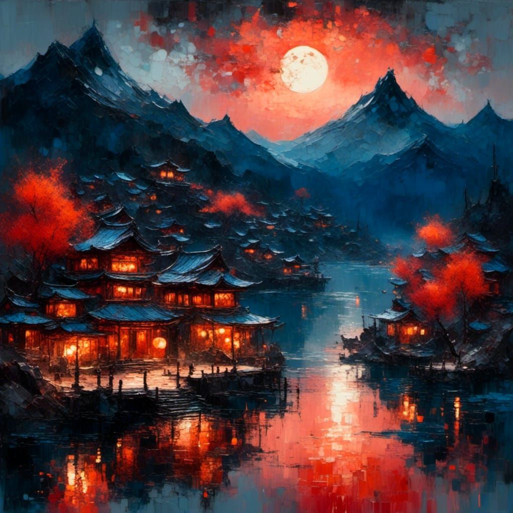 Lake Village Under Red Moon: Fantasy Oil Painting