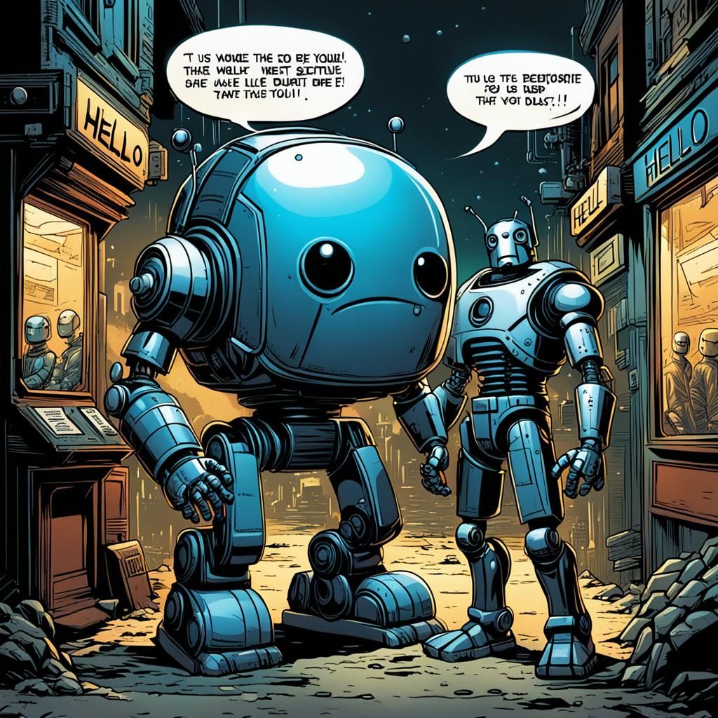 Robots Chatting with Hello Text Bubble in Comic Art