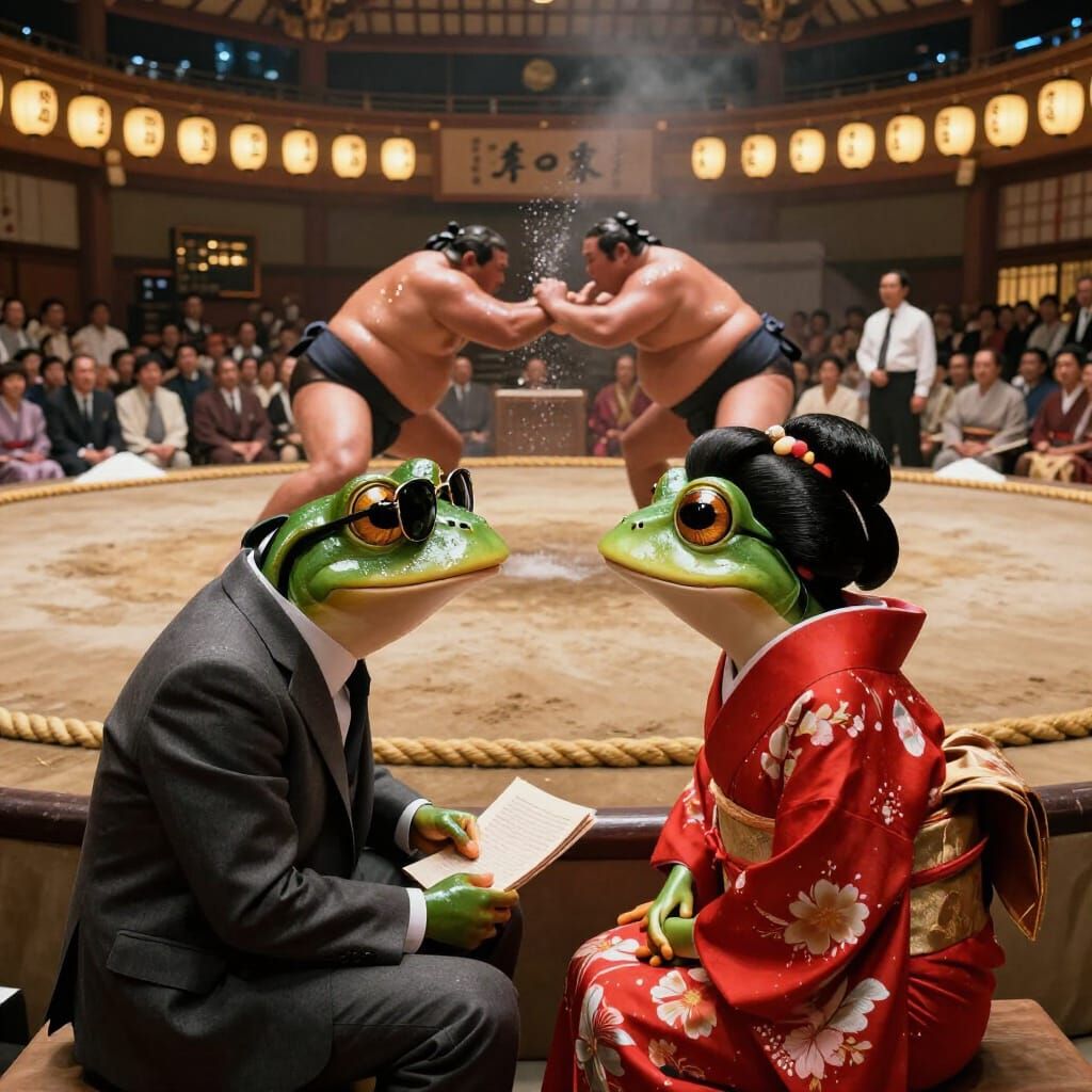 Frogs as James Bond and Aki at Sumo Match