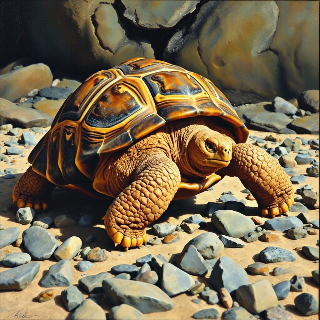 Giant Tortoise on Rocky Beach in Naturalistic Style