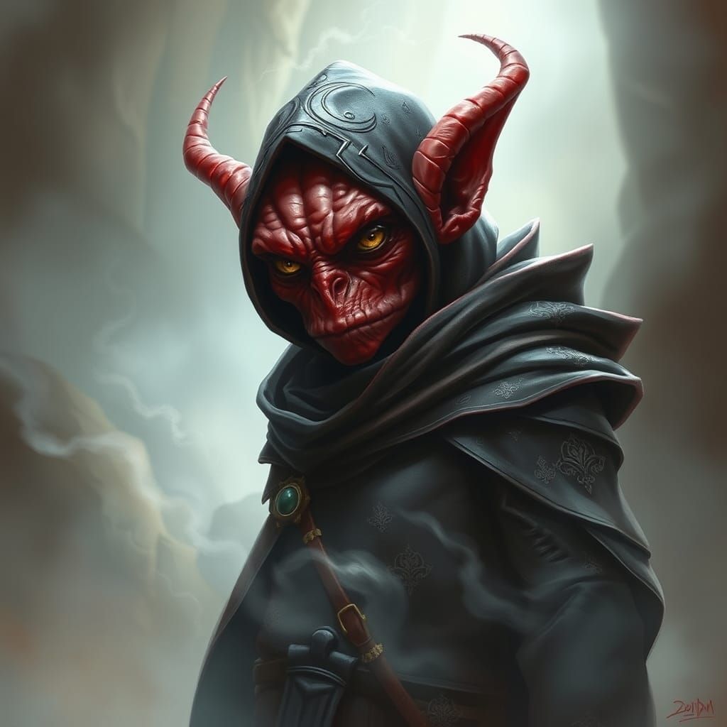 Red Goblin Assassin in Dreamlike Misty Scene