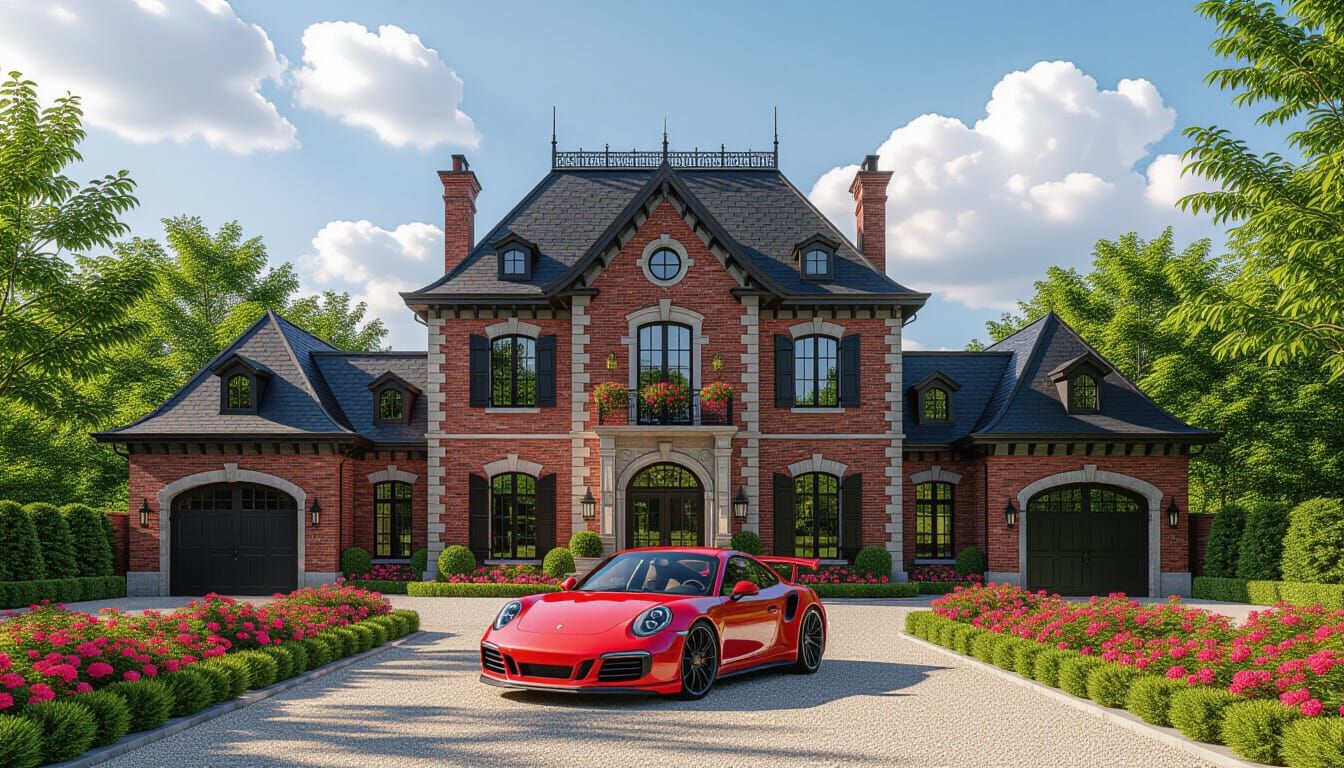 Victorian Chateau With Red Porsche 911