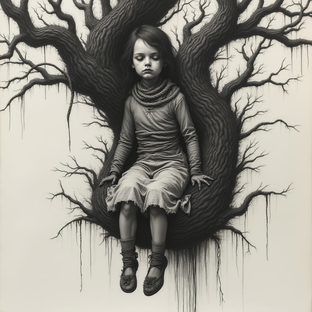 Eerie Charcoal Drawing: Girl Hanging in Twisted Tree