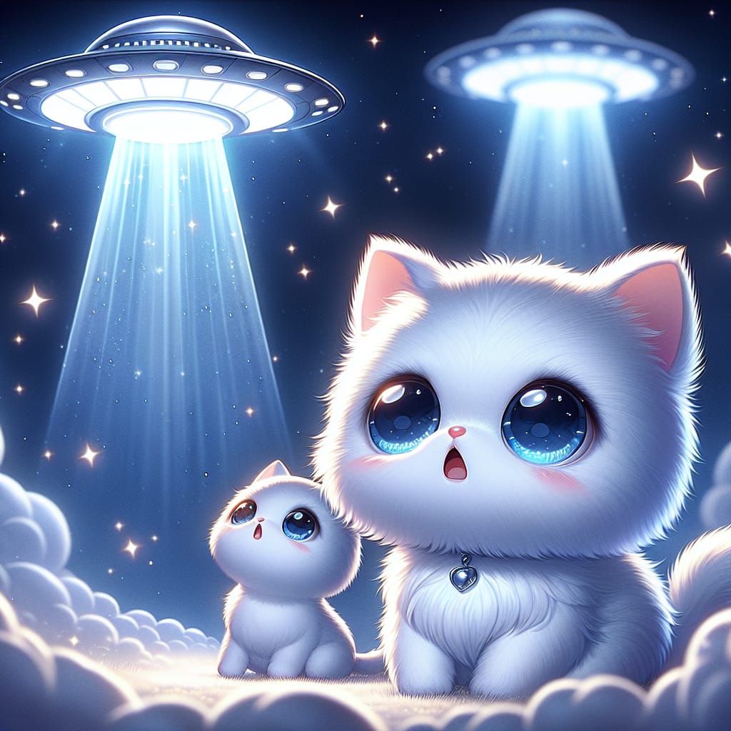 Chibi Cat Watches UFO in Anime Style