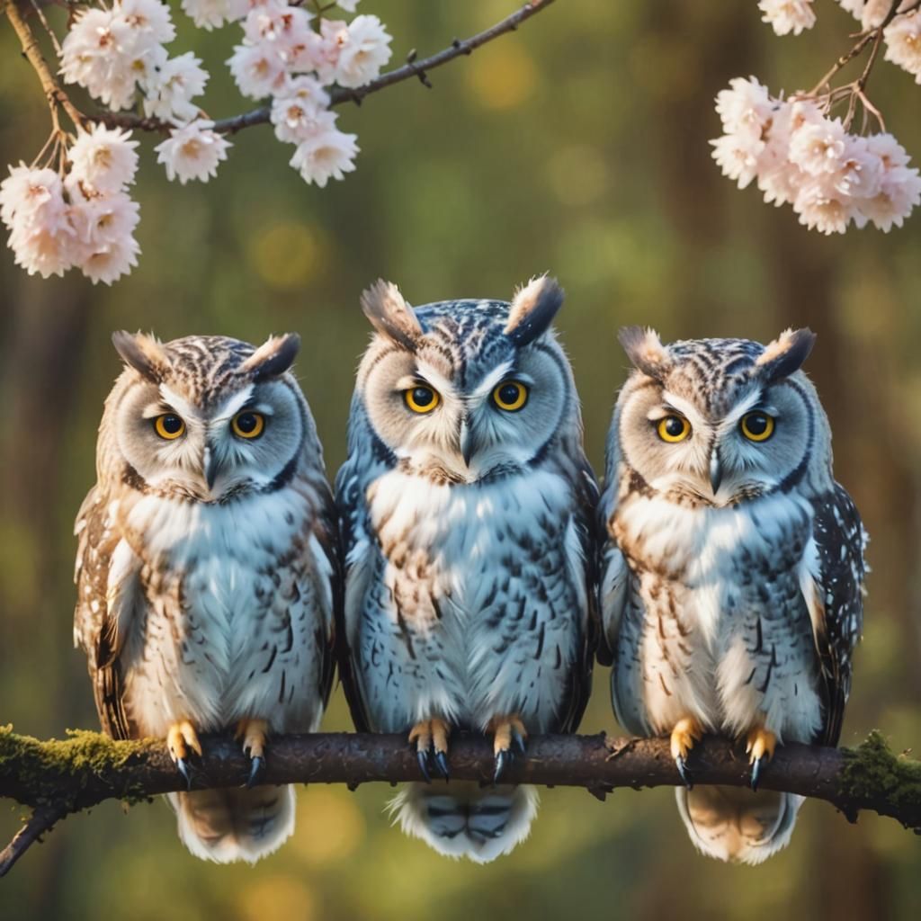 Colorful Fluffy Owls on Branch: Cinematic Still