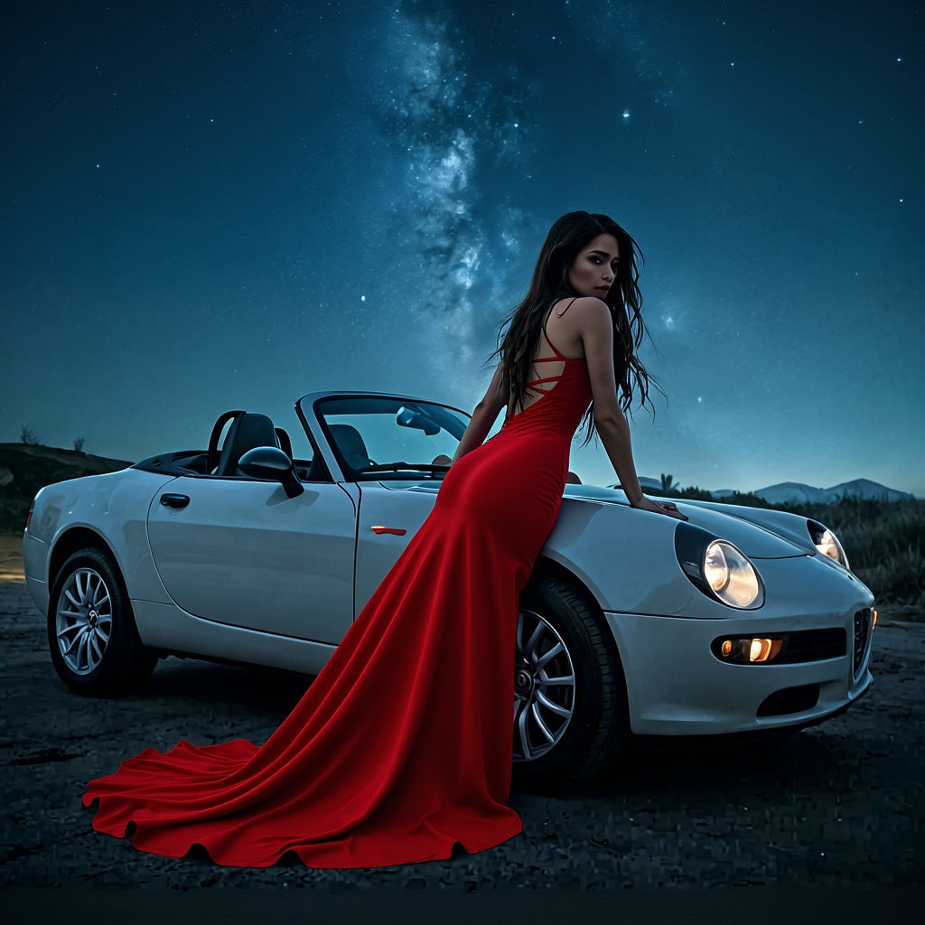 Woman in Black Dress Leaning on Alfa Romeo Under Starry Nigh...