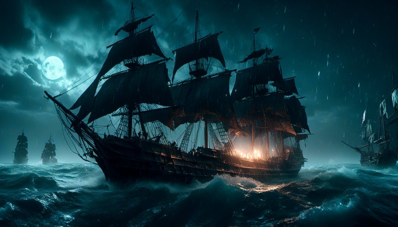 <lora:eye:1.0> <lora:Macabre:1.0> A massive black ship with black sails. And firing it cannons from one side at a sea mo...