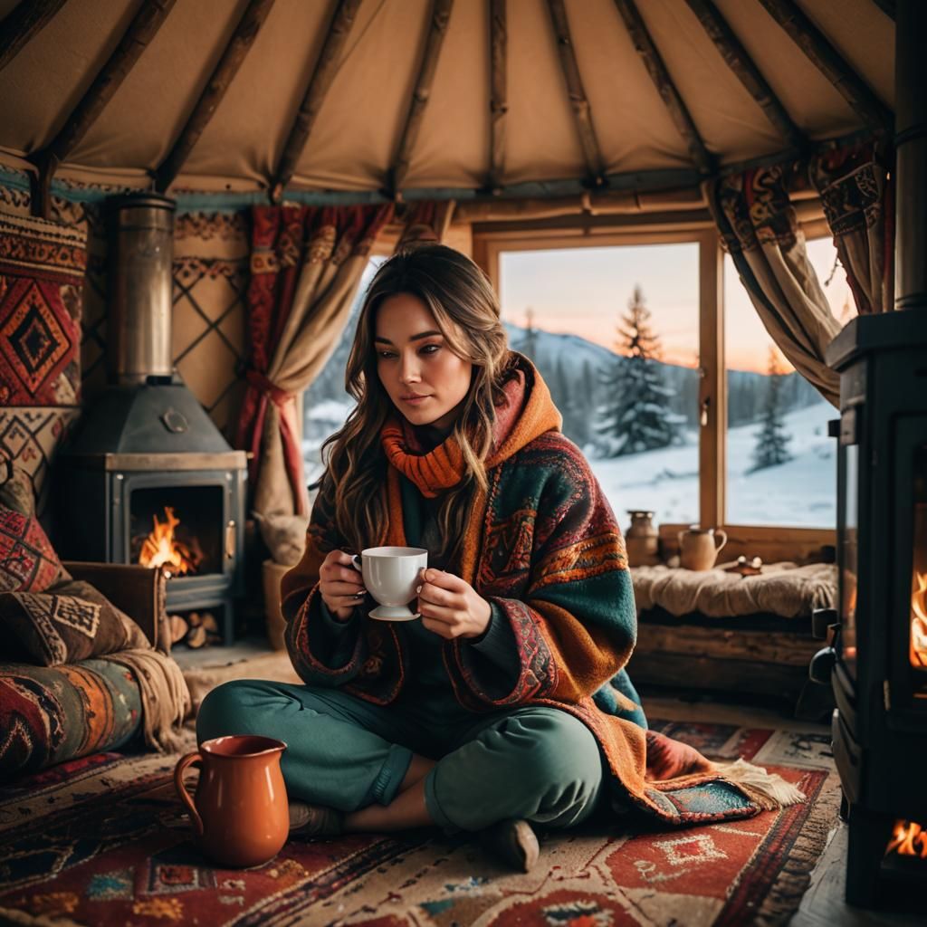 Cozy Yurt Portrait: Girl Drinking Tea in Warm Light