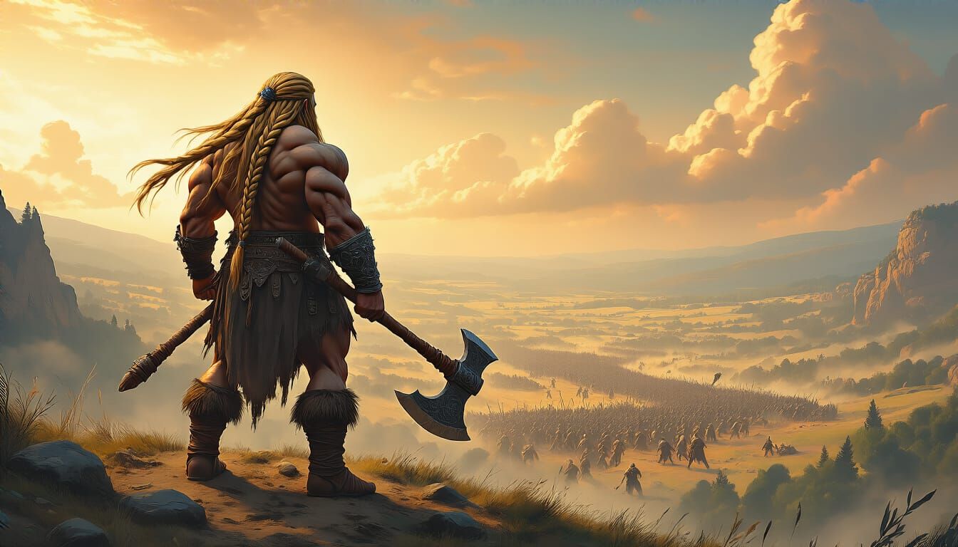 Muscular Barbarian Leader Overseeing Epic Battle