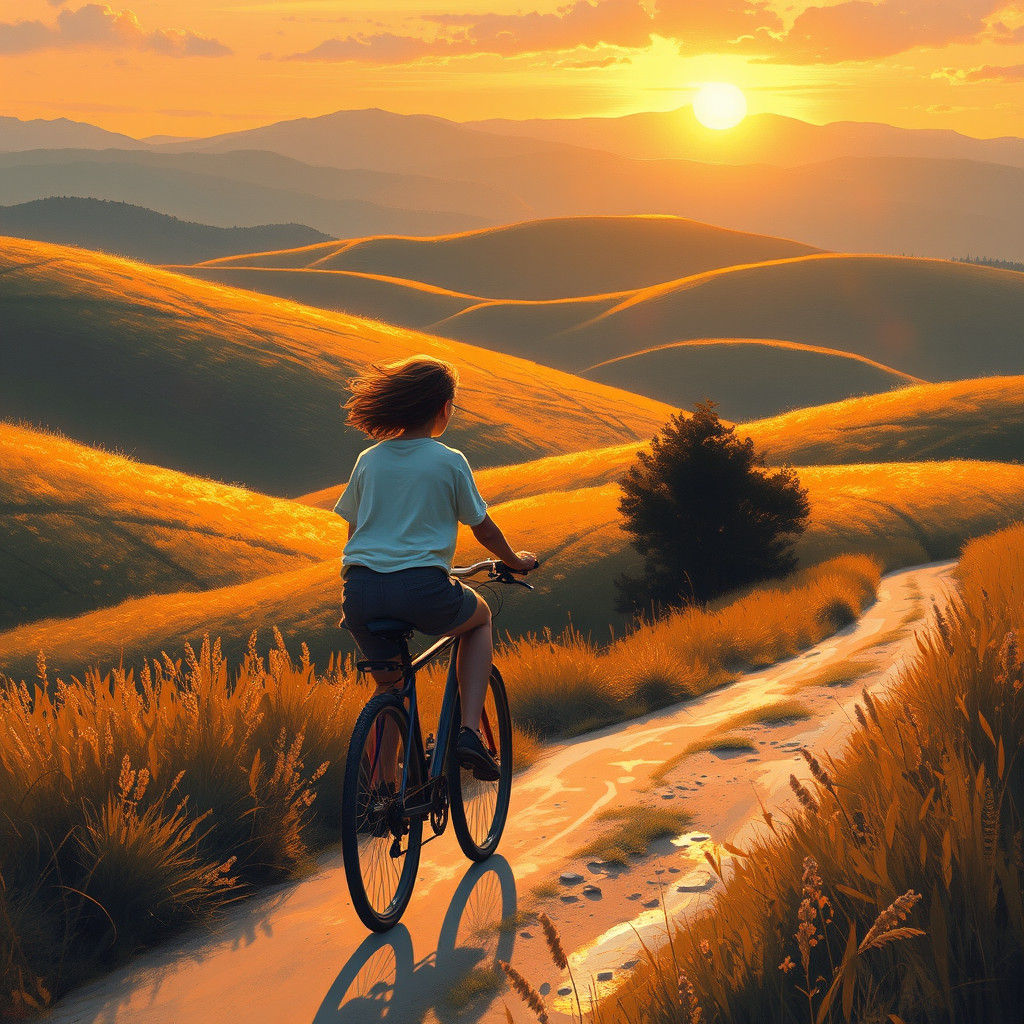 Idyllic Landscape: Cyclist at Sunset in Impressionistic Styl...