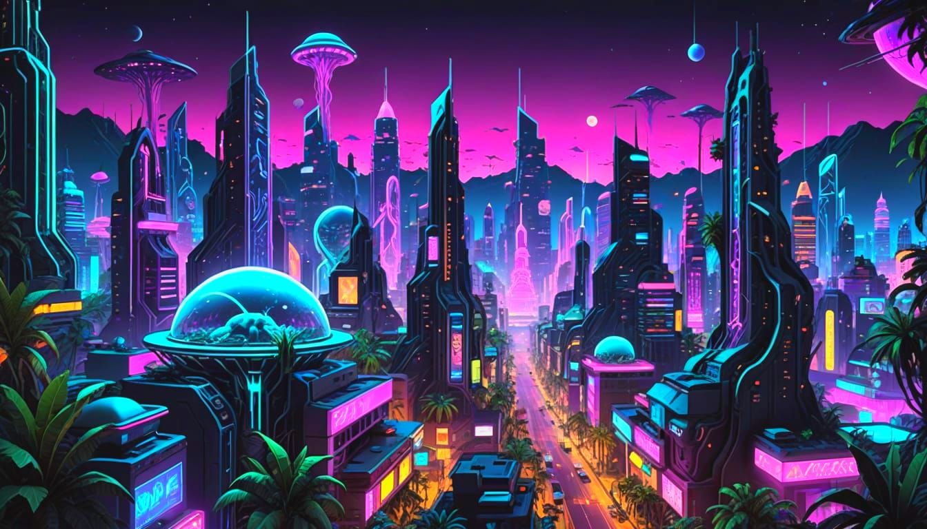 Futuristic Neon Jungle Cityscape at Night