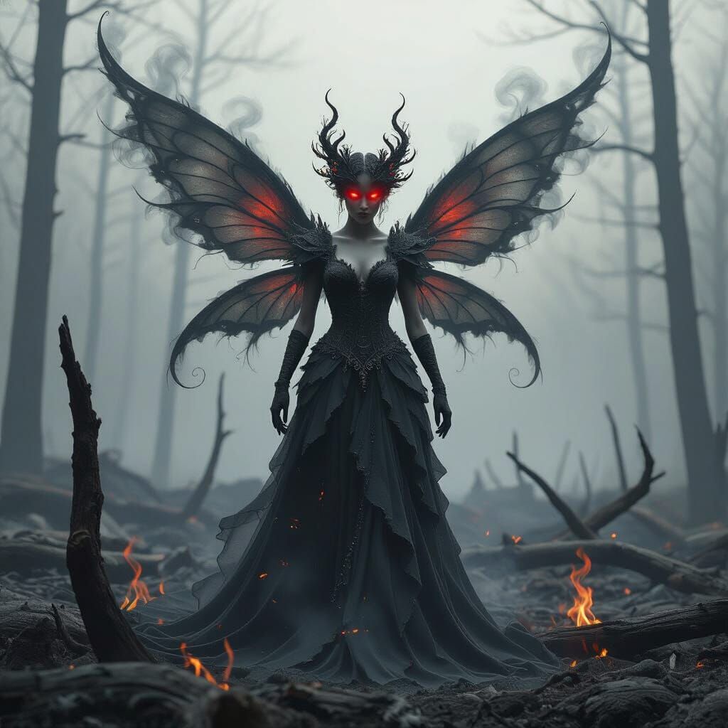 Smoke and Ash Fairy Rising from Charred Forest