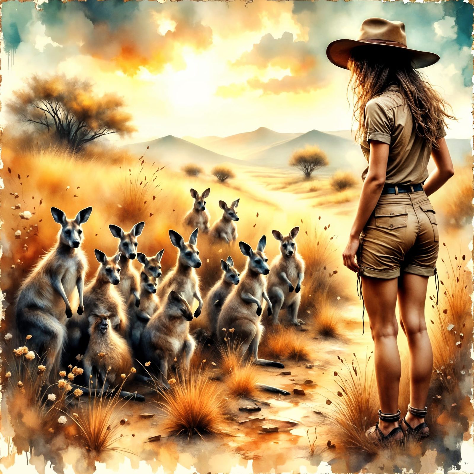 Woman Watching Kangaroos in Gritty Watercolor Style