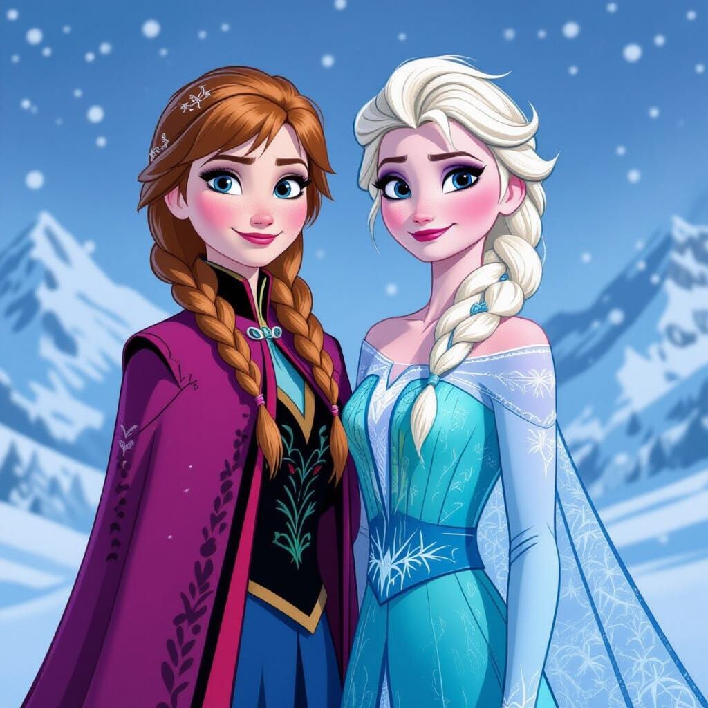 Anna and Elsa in Snowy Landscape, Comic Art Style