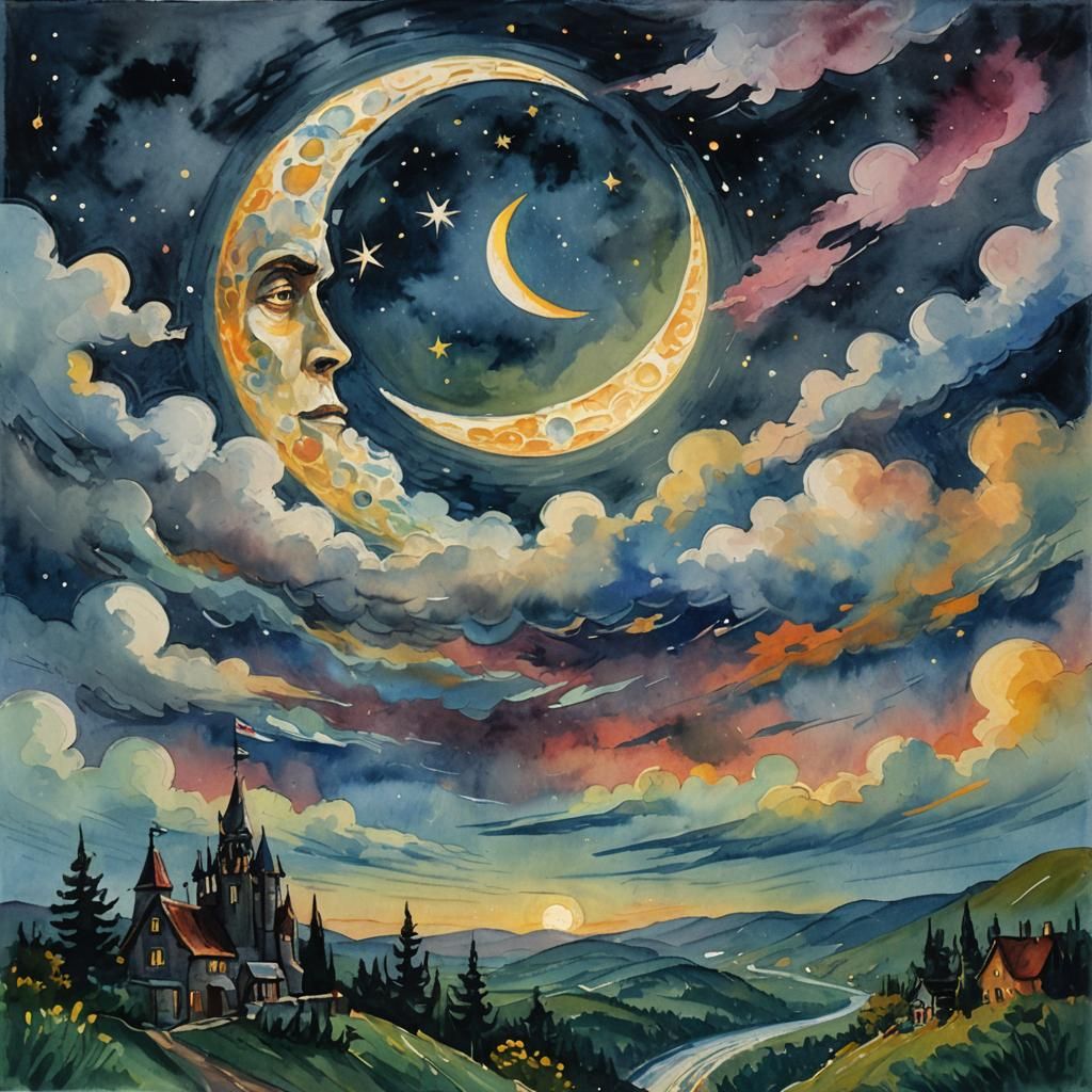 Impressionist Moonlit Scene in Gouache and Watercolor