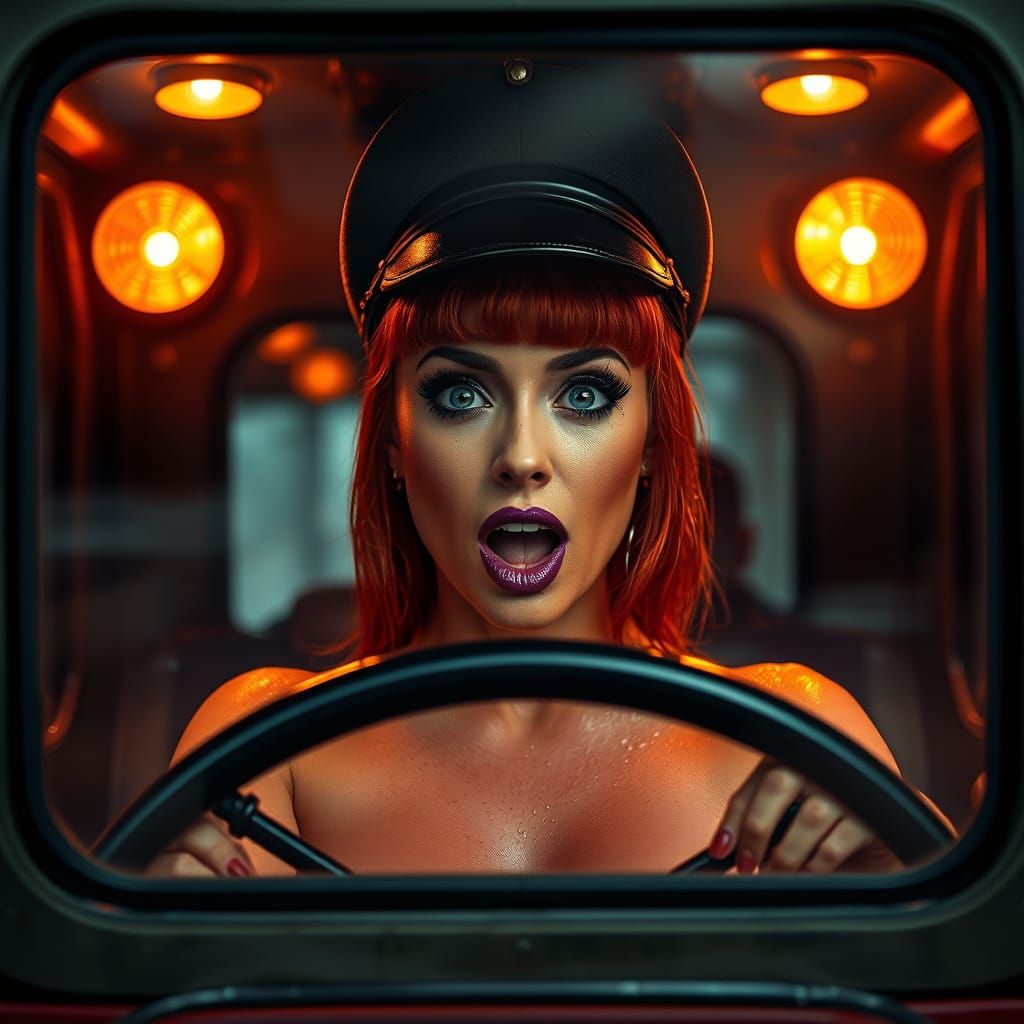 Sultry 1970s Pin-Up in Hyperrealistic Locomotive Scene