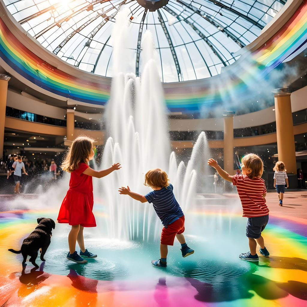Joyful Children and Puppies in Rainbow Fountain