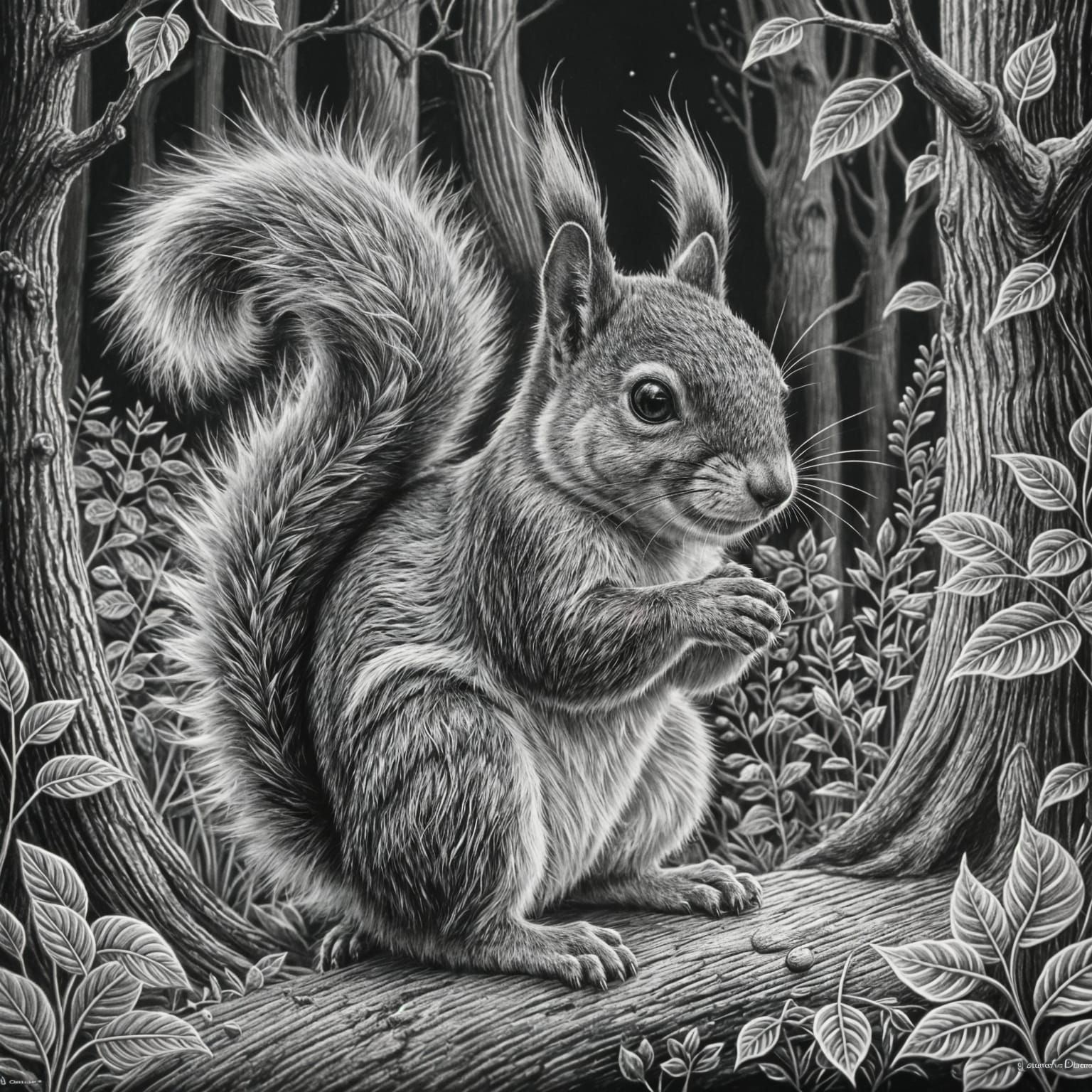 Ornate Chalk Drawing of a Squirrel in Forest