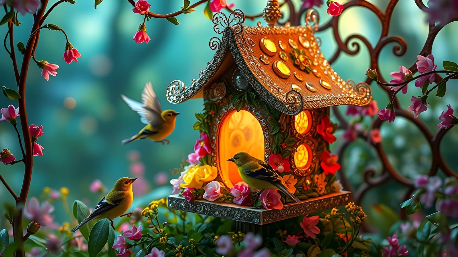 Ethereal Birdhouse Oasis in Springtime Wonderland