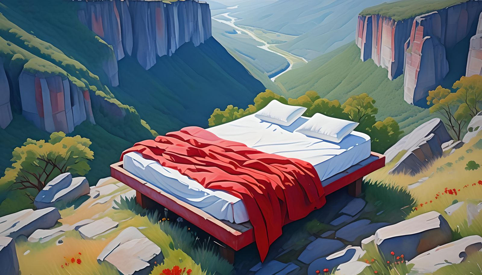 Majestic Cliffside Bed in Gouache Style
