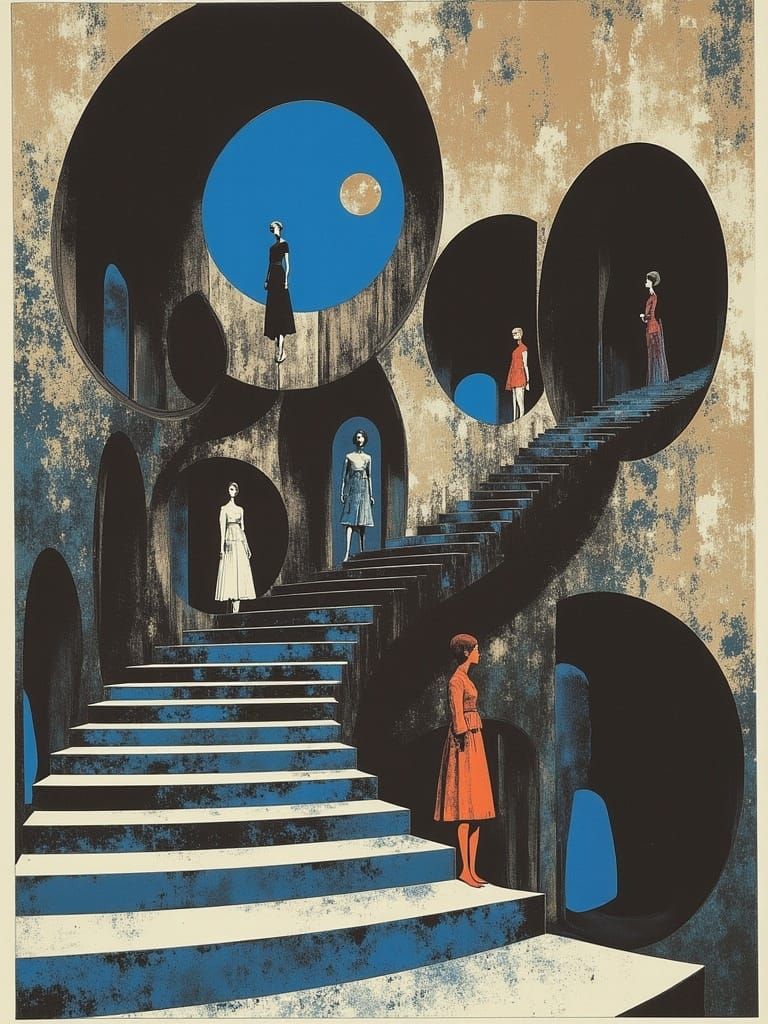 Escher-Inspired Pop Art Staircase with Geometric Figures