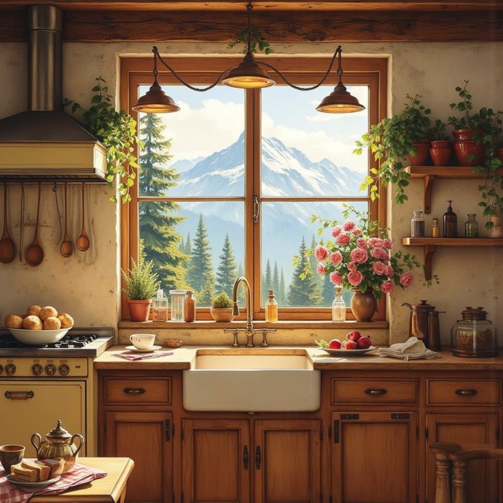 Cozy Rustic Kitchen in Storybook Oil Painting Style