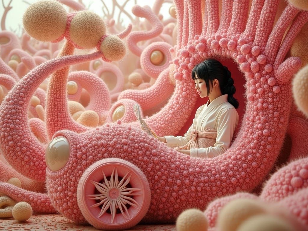 Knitted Car Driven by Japanese Woman in Kimono