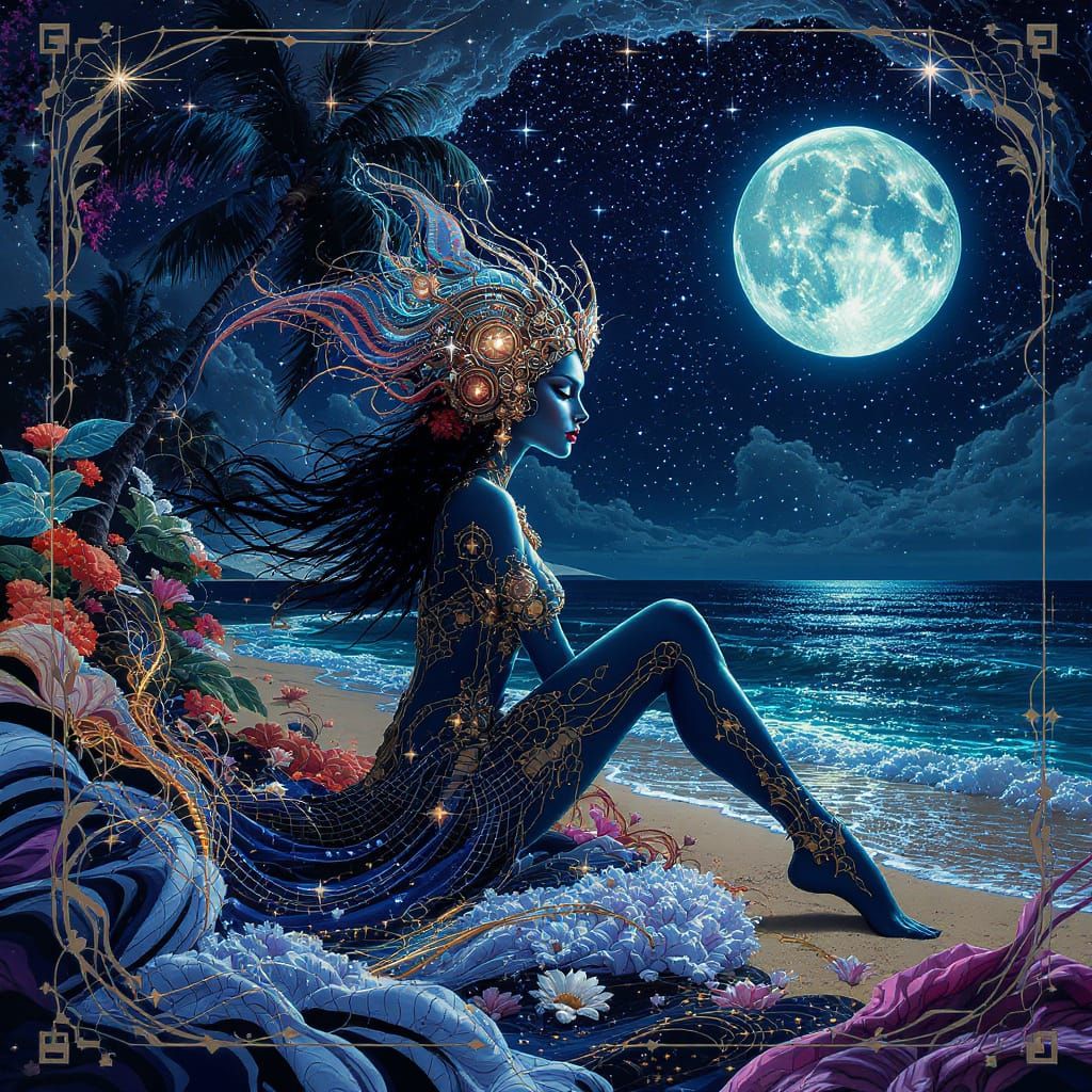 Steampunk Woman on Tropical Beach Under Starlit Sky