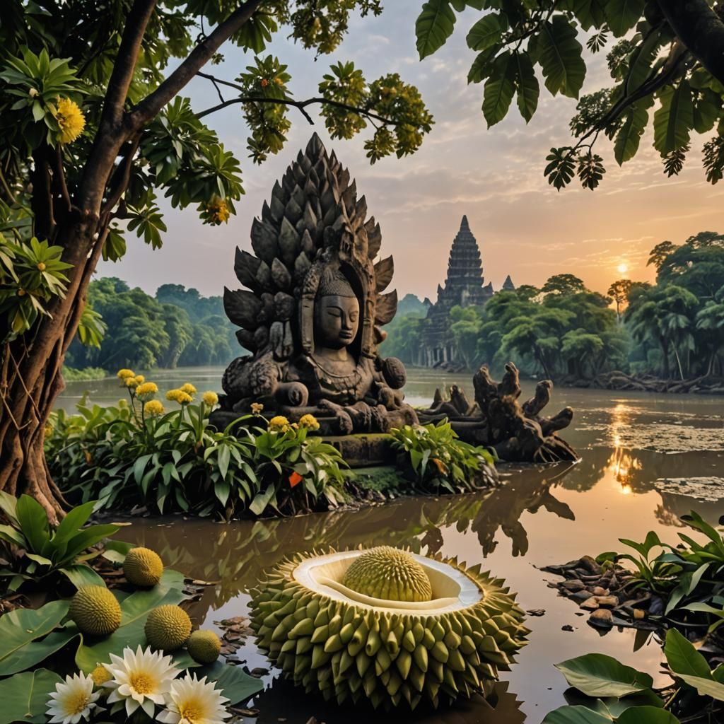 Mekong Riverbank with Durian Fruit, Impasto Gouache Style