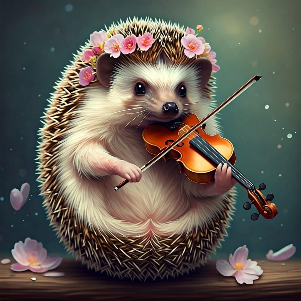 Hedgehog Musician in a Pastel Flower Garden