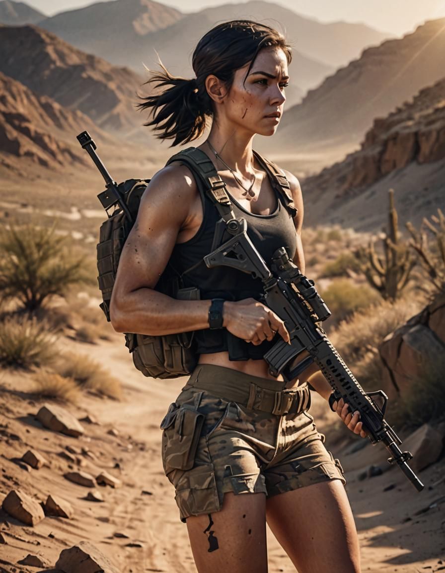 Female Warrior in Desert Camouflage, Cinematic Still