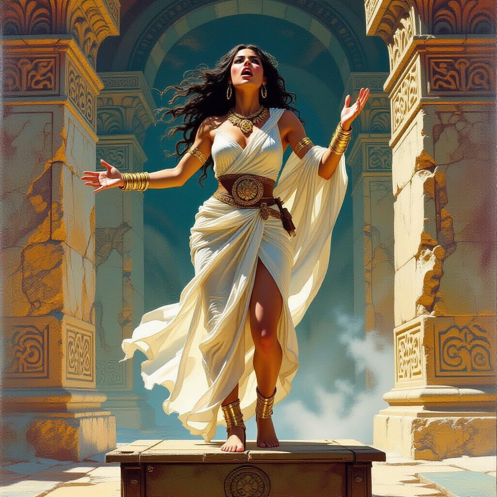 Atlantean Oracle Decries Doom in Fantasy Oil Painting