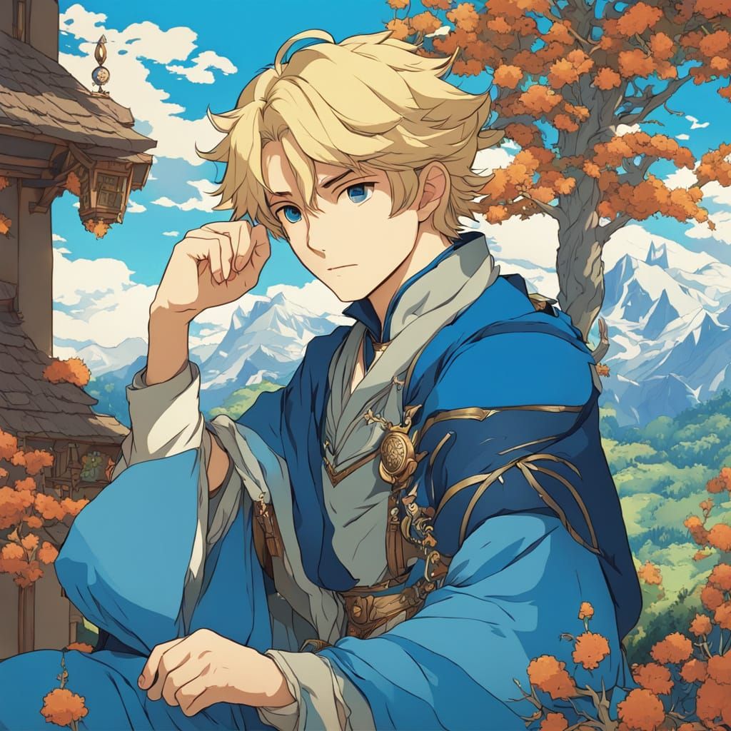 Medieval Boy Amidst Vibrant Mountains