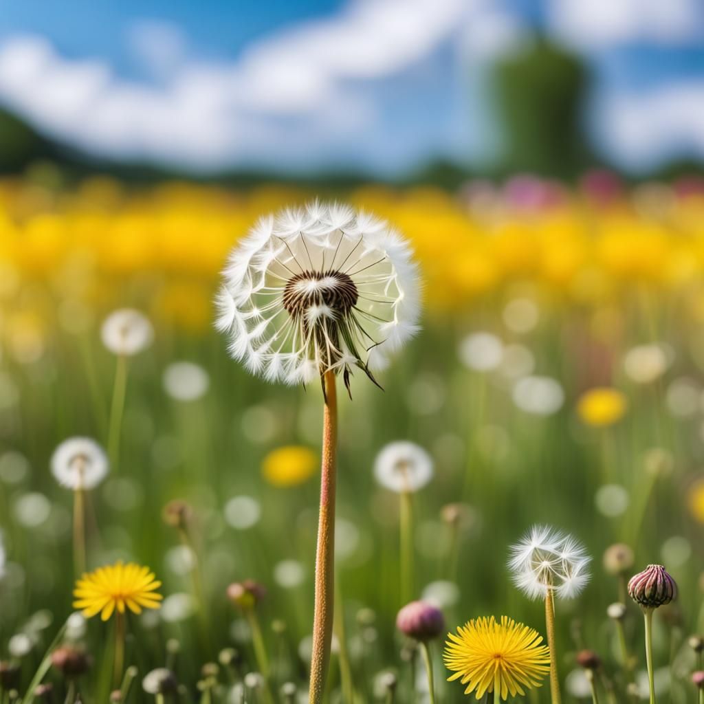 Dandelion Seeds in a Colorful Flowerfield
