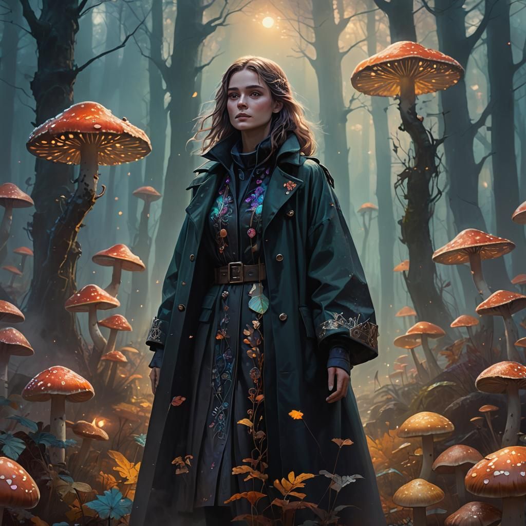 Dark Academia Woman in Misty Autumn Forest