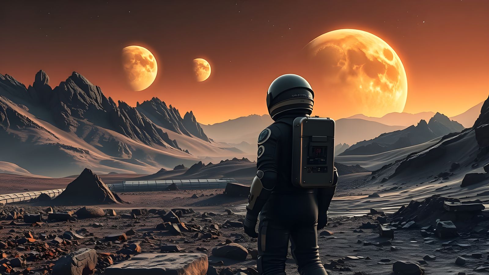 Astronaut Stands on Alien Planet with Four Orbits