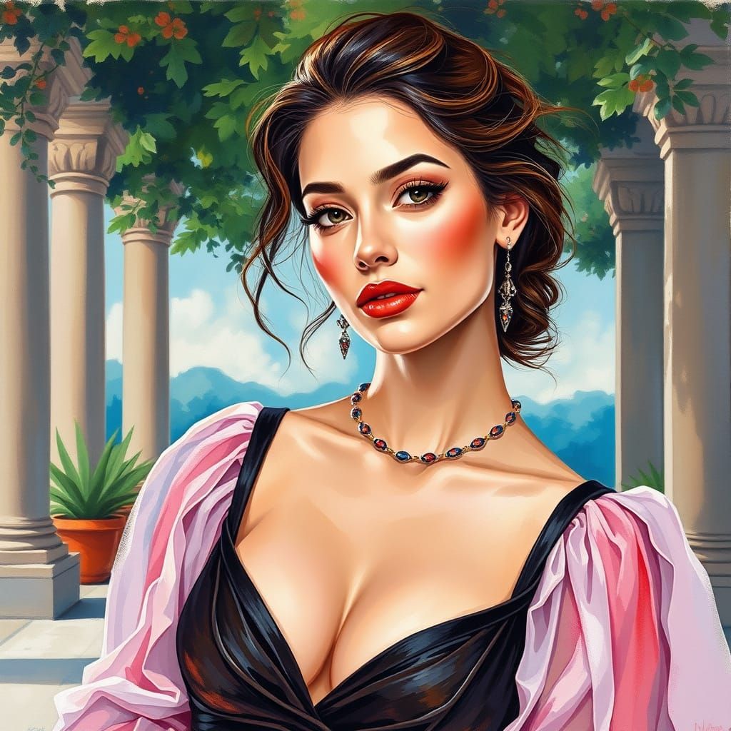 Elegant Woman in Gouache and Watercolor Style