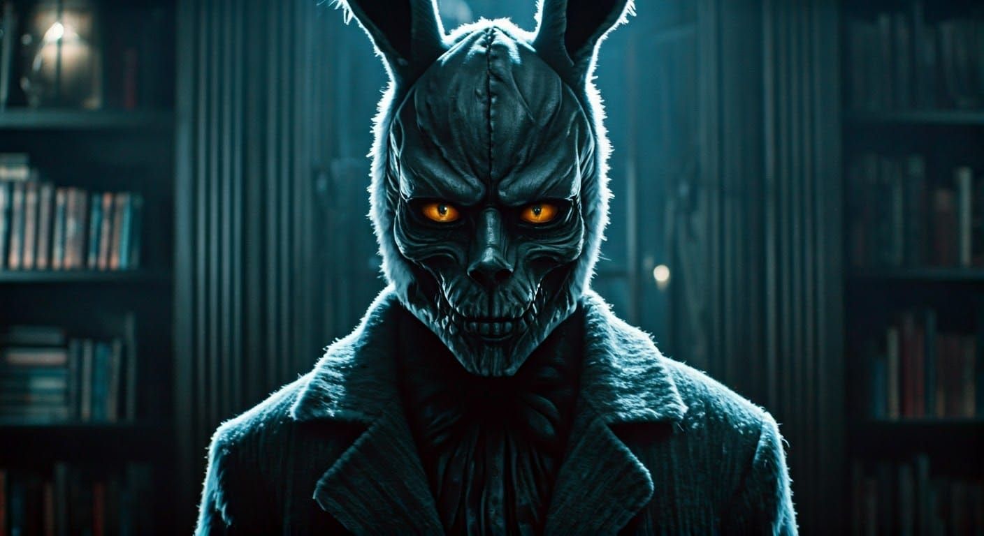 Sinister Anthropomorphic Hare in Dimly Lit Room