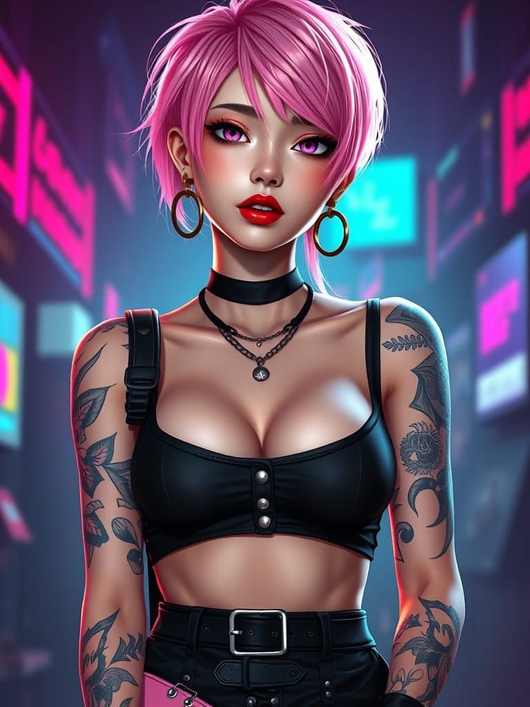 Rebellious Cyberpunk Siren in Neon Pink Hues