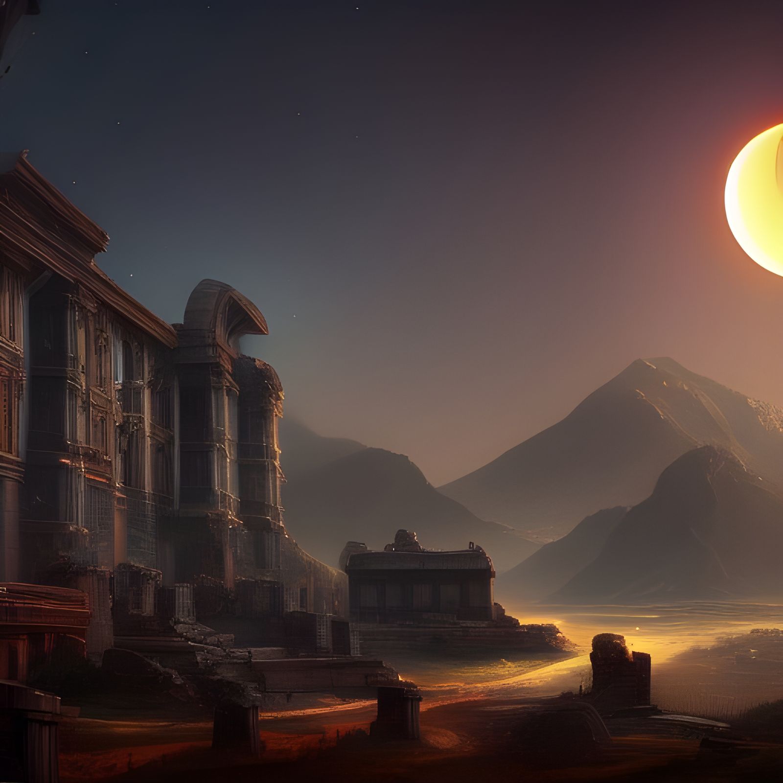 Elysium Ruins Under Moonlight: Fantasy Concept Art