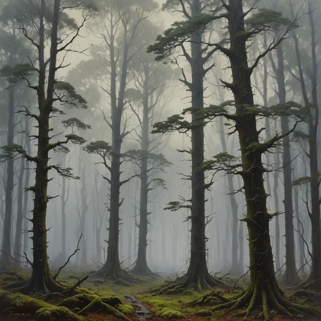 Eerie Forest Cloaked in Mist as Oil Painting