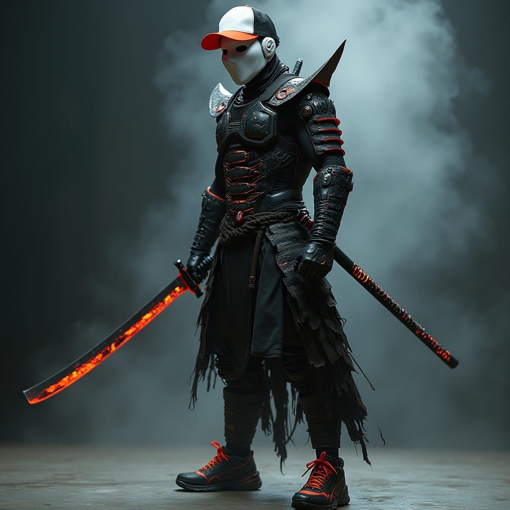 Cybernetic Samurai in Futuristic Armor with Katana
