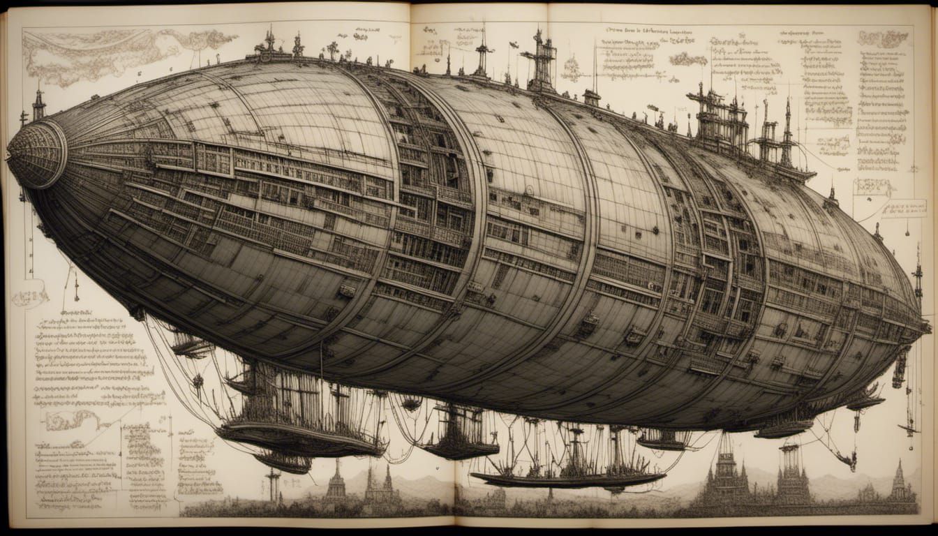 Airship Blueprint in Da Vinci Style on Parchment