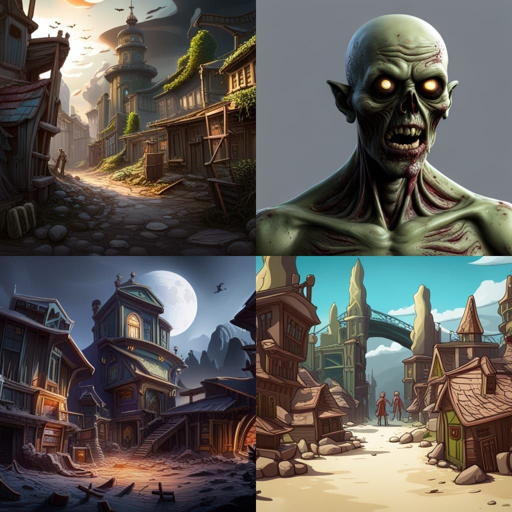 Cartoon Zombie on White Background, Detailed Matte Painting