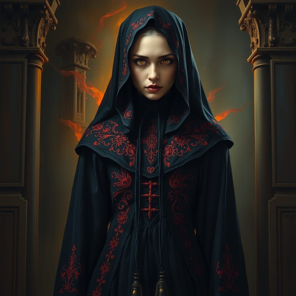 Gothic Nun in Mystical Aura, Intense Eyes, Ebony Black Robes...