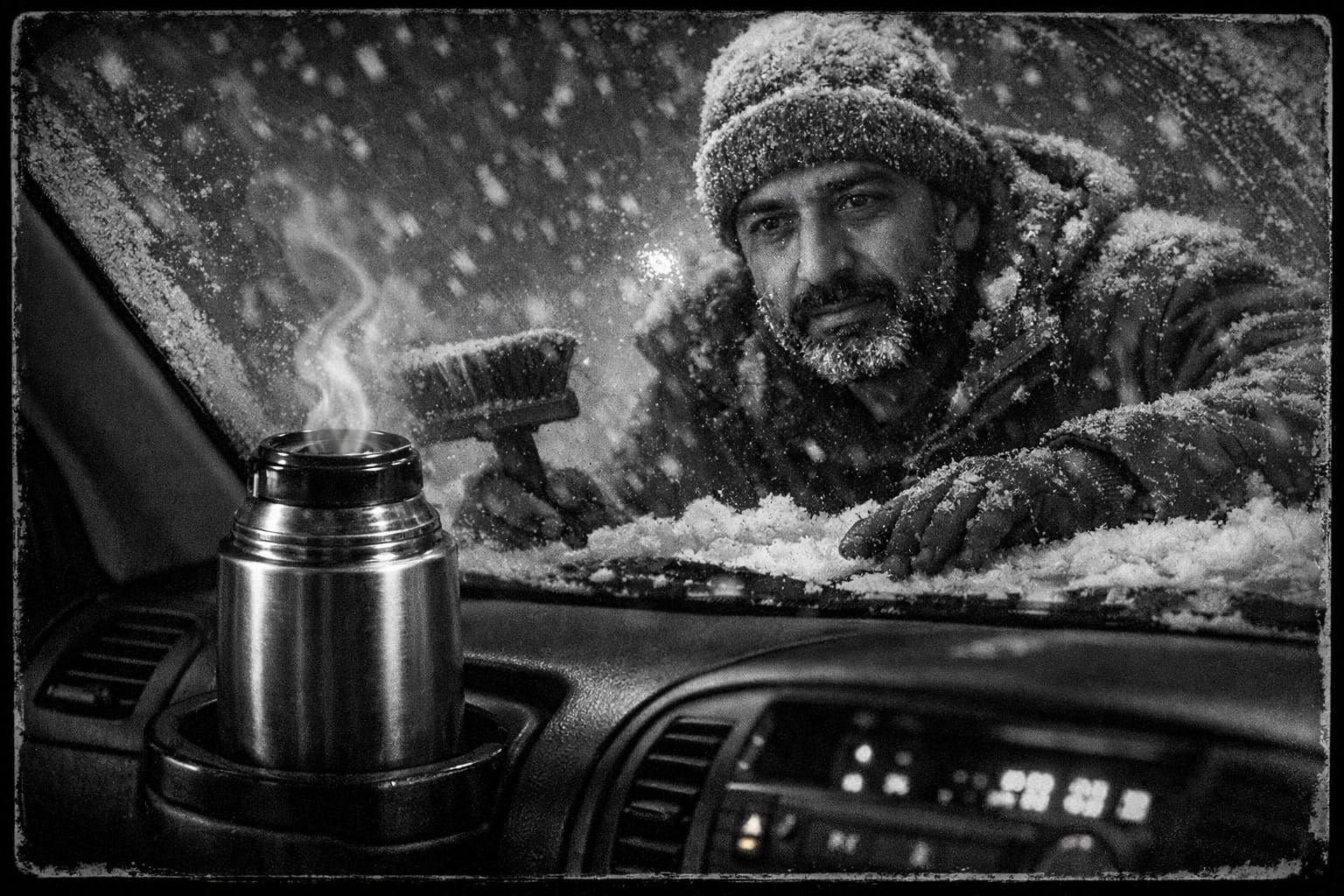 Steaming Coffee in Snowy Night Car Interior