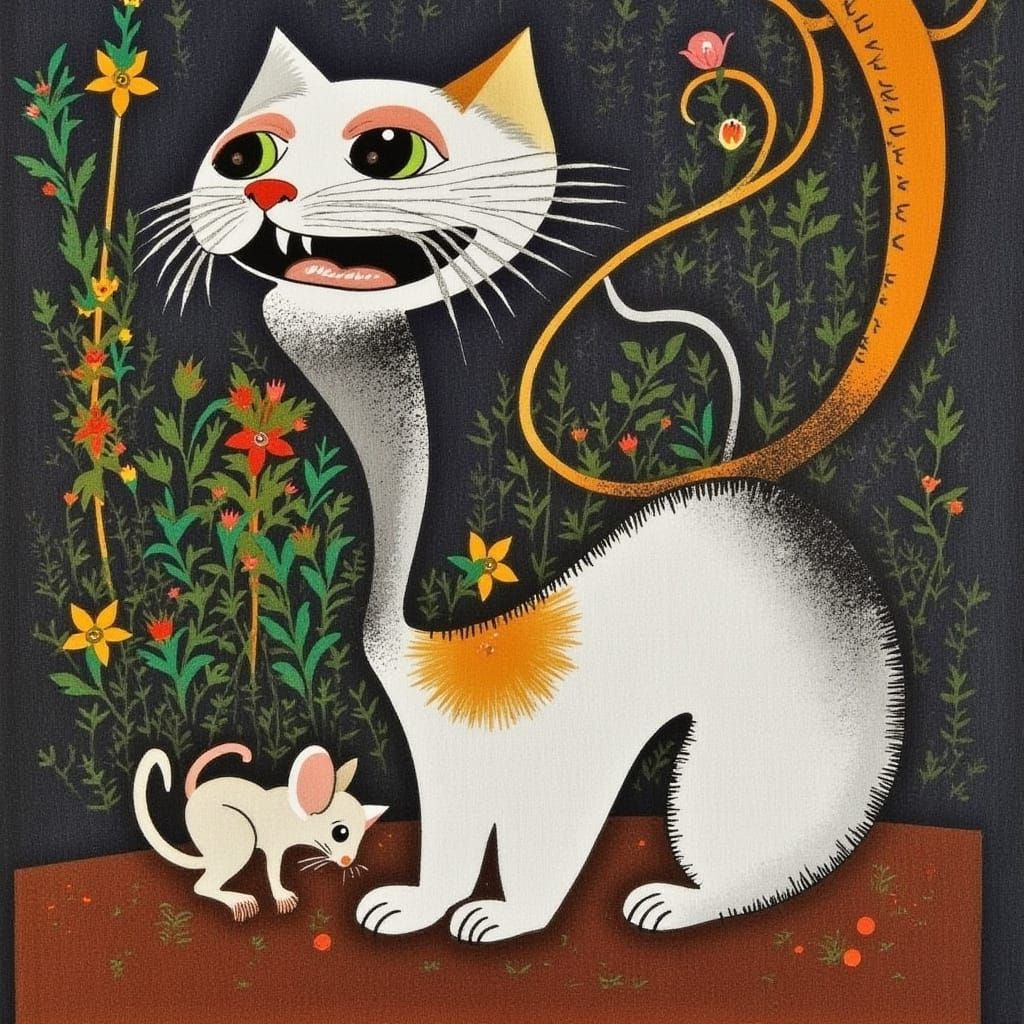 Cubist Feline and Rodent Duality in Vibrant Triadic Hues